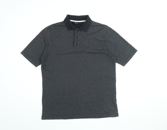 BHS Mens Black Geometric Polyester Polo Size M Collared Button