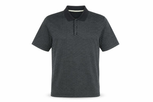 Front view of BHS men’s black geometric polyester polo, size M, collared button