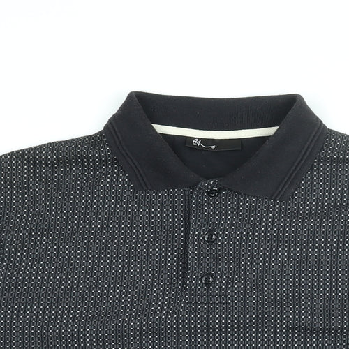 BHS Mens Black Geometric Polyester Polo Size M Collared Button