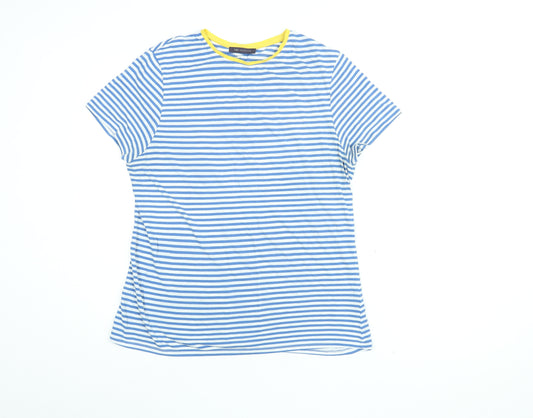 Marks and Spencer Womens Blue Striped Cotton Basic T-Shirt Size 14 Round Neck