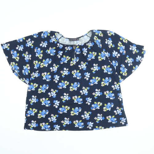 Marks and Spencer Womens Blue Floral Viscose Basic T-Shirt Size 16 Round Neck