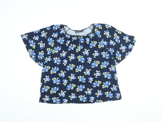 Marks and Spencer Womens Blue Floral Viscose Basic T-Shirt Size 16 Round Neck