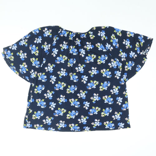 Marks and Spencer Womens Blue Floral Viscose Basic T-Shirt Size 16 Round Neck