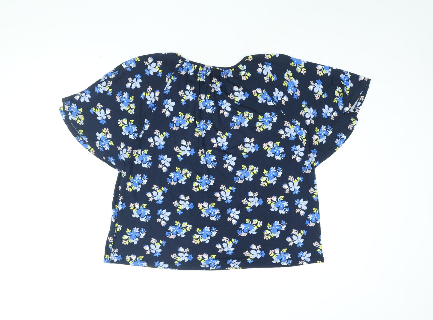 Marks and Spencer Womens Blue Floral Viscose Basic T-Shirt Size 16 Round Neck