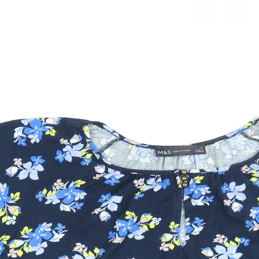 Marks and Spencer Womens Blue Floral Viscose Basic T-Shirt Size 16 Round Neck