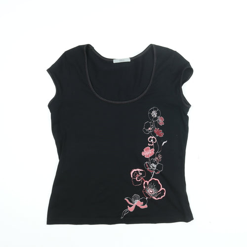 Marks and Spencer Womens Black Floral Cotton Basic T-Shirt Size 16 Scoop Neck