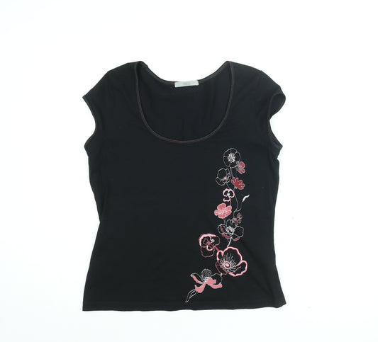 Marks and Spencer Womens Black Floral Cotton Basic T-Shirt Size 16 Scoop Neck