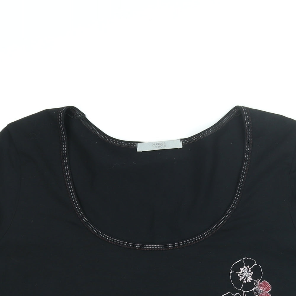 Marks and Spencer Womens Black Floral Cotton Basic T-Shirt Size 16 Scoop Neck