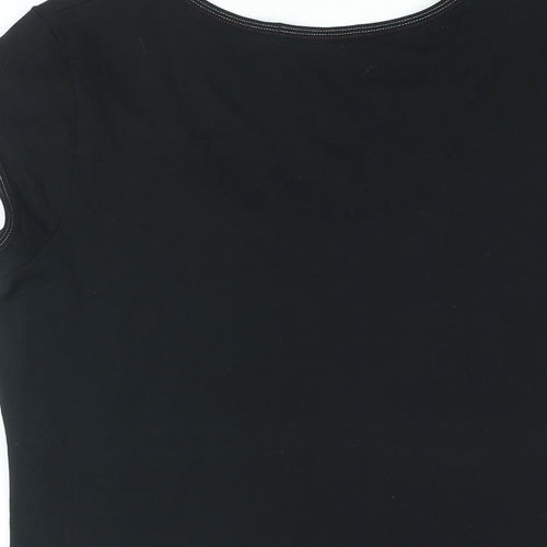 Marks and Spencer Womens Black Floral Cotton Basic T-Shirt Size 16 Scoop Neck