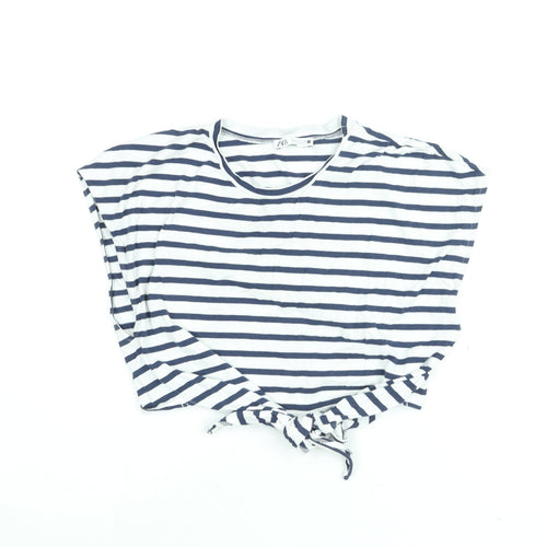 Zara Womens White Striped Cotton Cropped T-Shirt Size S Round Neck