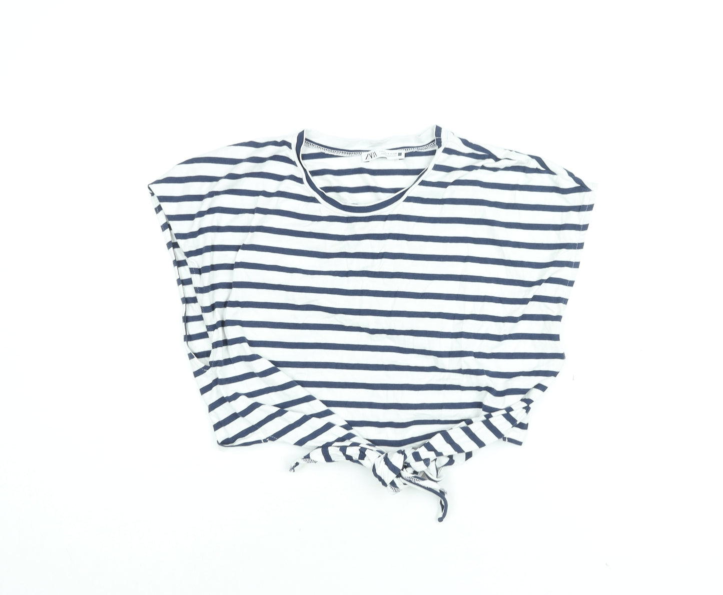 Zara Womens White Striped Cotton Cropped T-Shirt Size S Round Neck