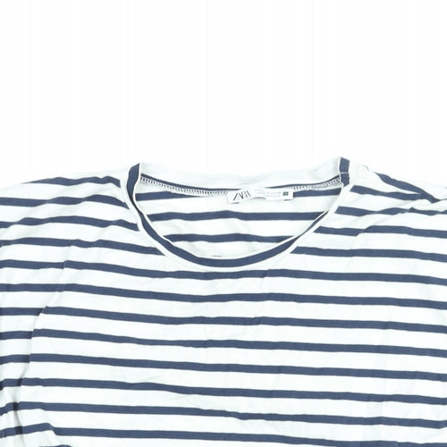 Zara Womens White Striped Cotton Cropped T-Shirt Size S Round Neck