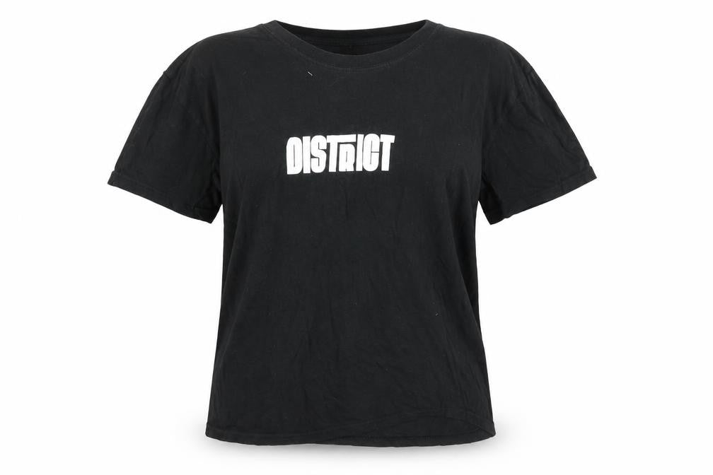 Front view of District women’s black cotton basic t-shirt, size L, round neck - district print