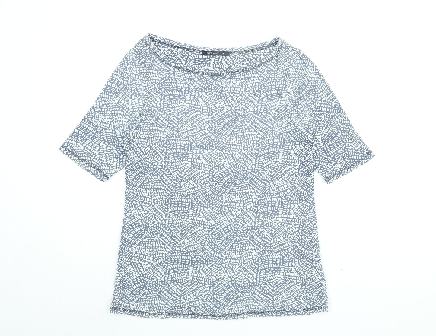 Marks and Spencer Womens Blue Geometric Cotton Basic T-Shirt Size 14 Boat Neck