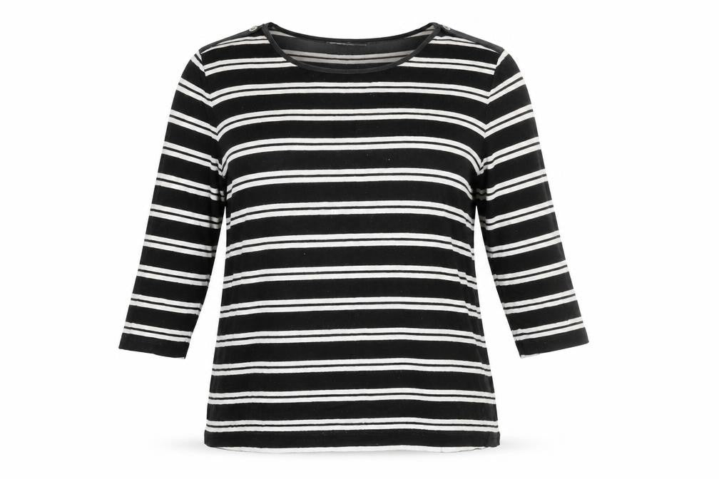 Front view of Autograph women’s black striped viscose basic t-shirt, size UK 14, round neck