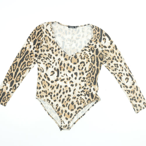 Boohoo Womens Beige Animal Print Viscose Bodysuit One-Piece Size 14 Snap - Leopard Print
