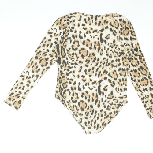 Boohoo Womens Beige Animal Print Viscose Bodysuit One-Piece Size 14 Snap - Leopard Print