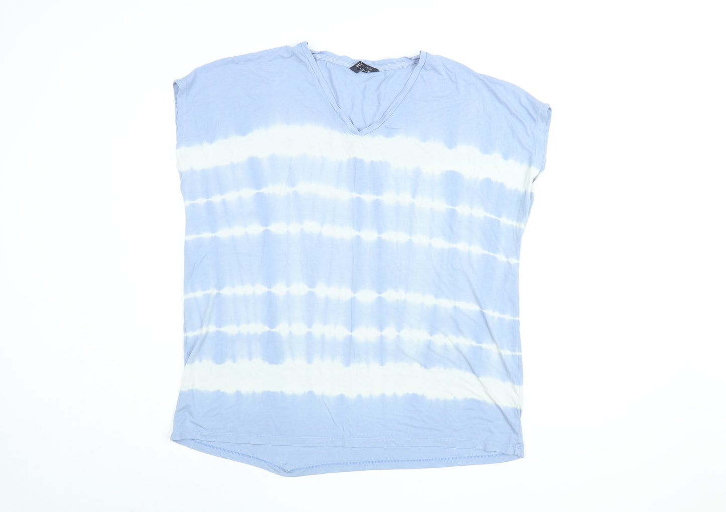 Marks and Spencer Womens Blue Geometric Viscose Basic T-Shirt Size 18 V-Neck - Tie Dye