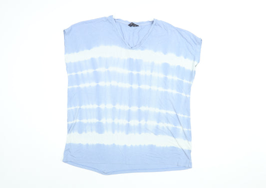 Marks and Spencer Womens Blue Geometric Viscose Basic T-Shirt Size 18 V-Neck - Tie Dye