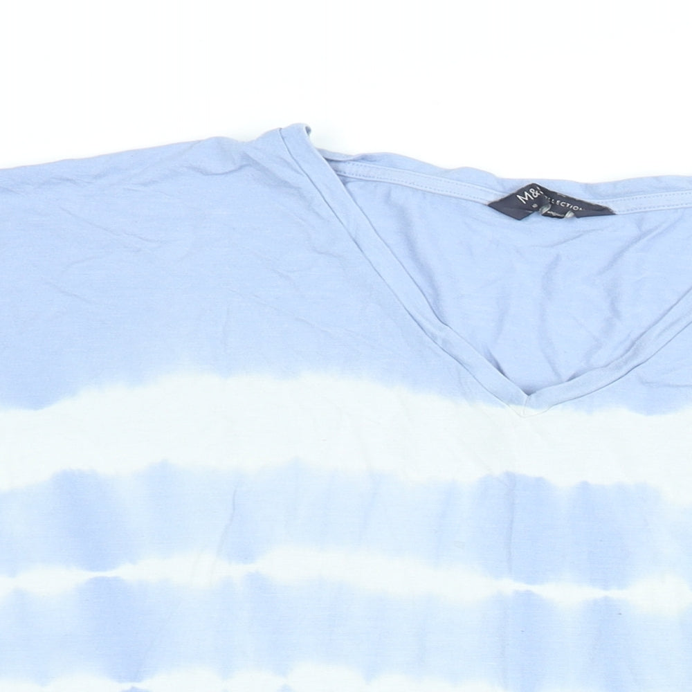 Marks and Spencer Womens Blue Geometric Viscose Basic T-Shirt Size 18 V-Neck - Tie Dye