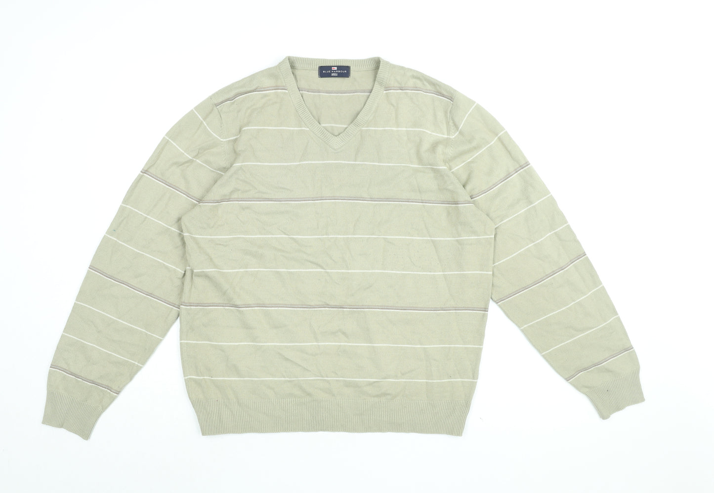 Marks and Spencer Mens Beige V-Neck Striped Acrylic Pullover Jumper Size M Long Sleeve