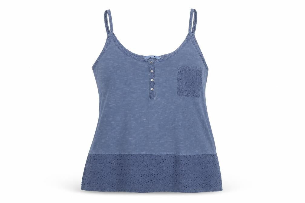 Front view of Next women’s blue floral cotton basic t-shirt, size UK 14, round neck