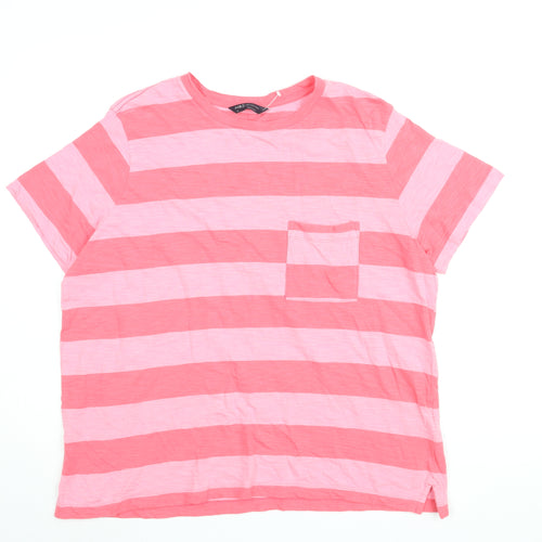 Marks and Spencer Womens Pink Striped Cotton Basic T-Shirt Size 16 Round Neck