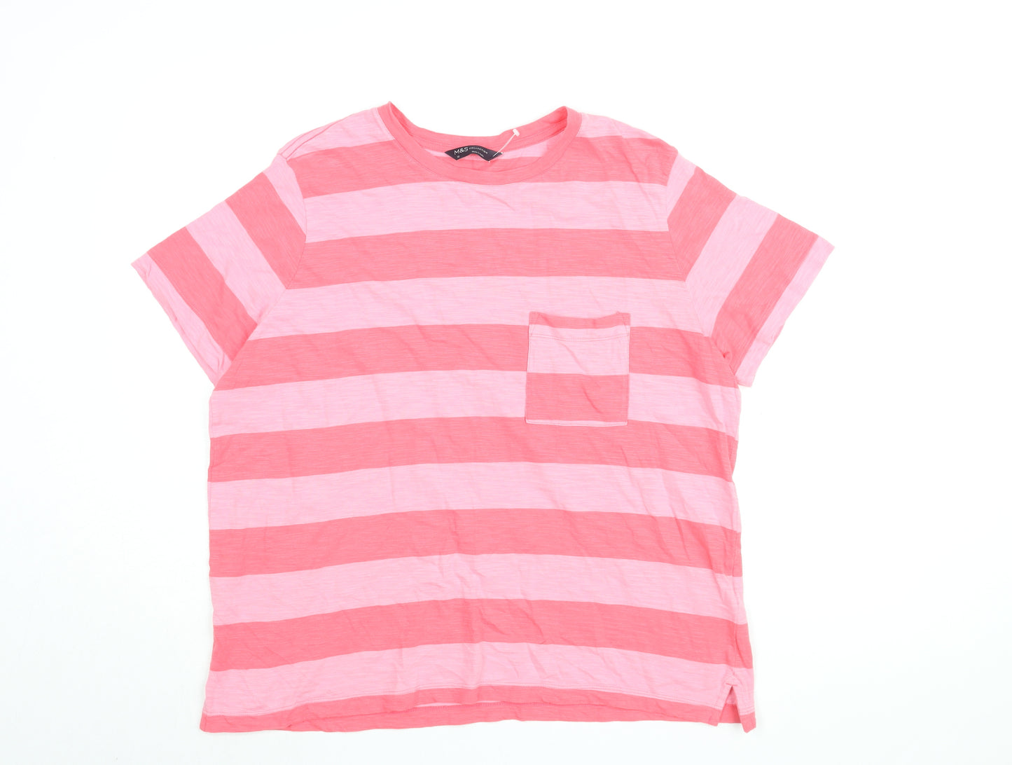 Marks and Spencer Womens Pink Striped Cotton Basic T-Shirt Size 16 Round Neck