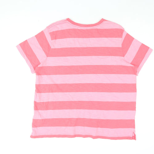 Marks and Spencer Womens Pink Striped Cotton Basic T-Shirt Size 16 Round Neck