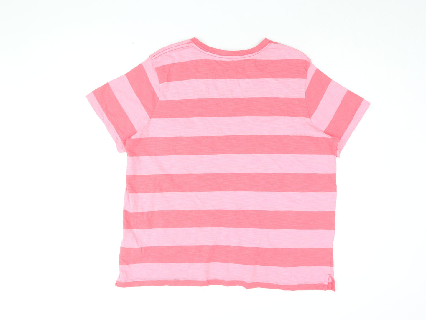 Marks and Spencer Womens Pink Striped Cotton Basic T-Shirt Size 16 Round Neck