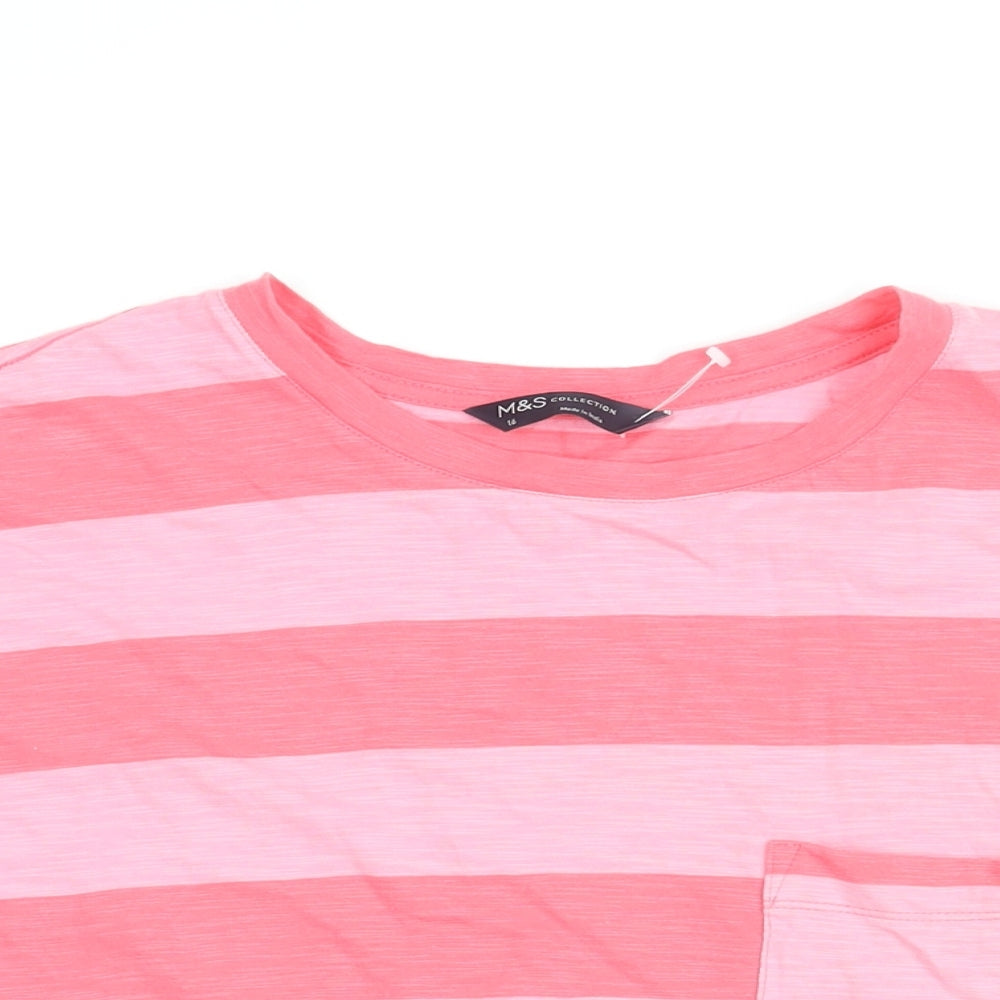 Marks and Spencer Womens Pink Striped Cotton Basic T-Shirt Size 16 Round Neck