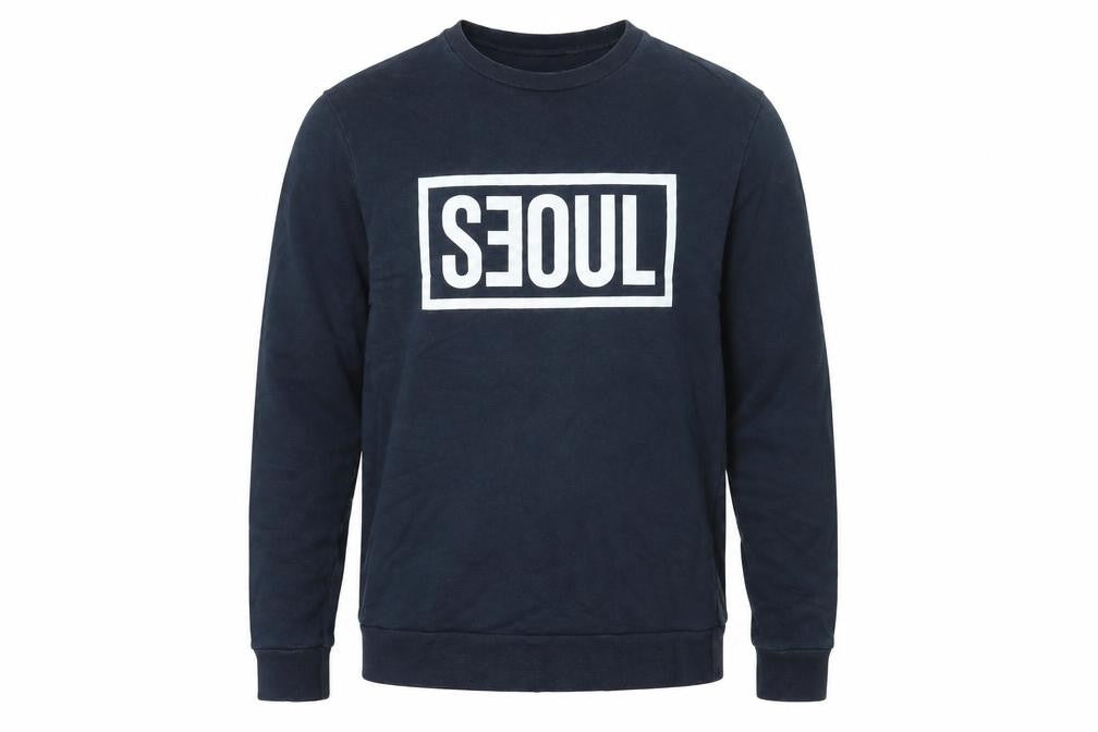 Front view of Topman men’s blue cotton pullover sweatshirt, size L, - seoul