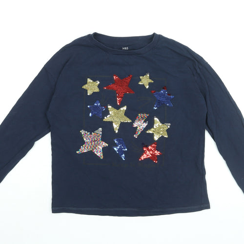 Marks and Spencer Girls Blue Cotton Basic T-Shirt Size 10-11 Years Round Neck Pullover - Star Print, Sequin