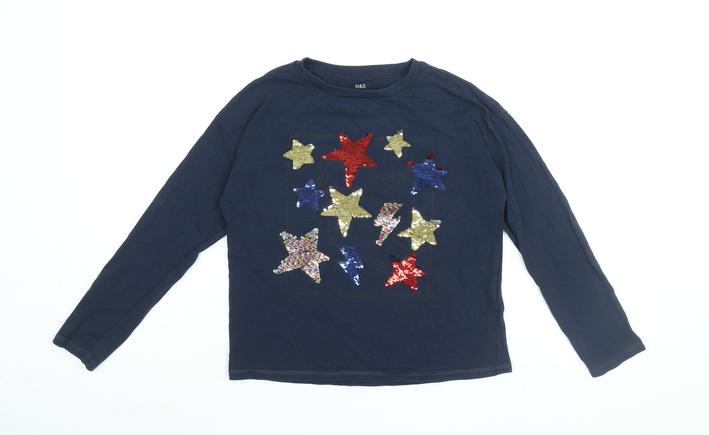 Marks and Spencer Girls Blue Cotton Basic T-Shirt Size 10-11 Years Round Neck Pullover - Star Print, Sequin