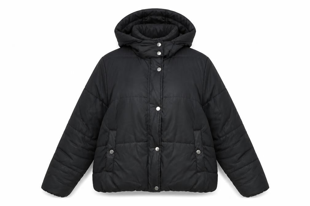 Front view of Marks & Spencer women’s black puffer jacket coat, size UK 14, zip