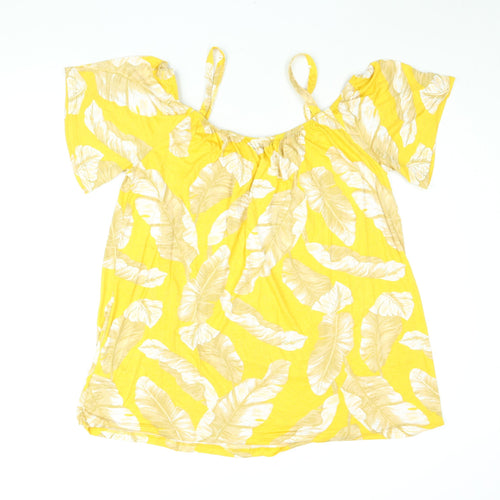 Dorothy Perkins Womens Yellow Floral Viscose Basic T-Shirt Size 18 Scoop Neck