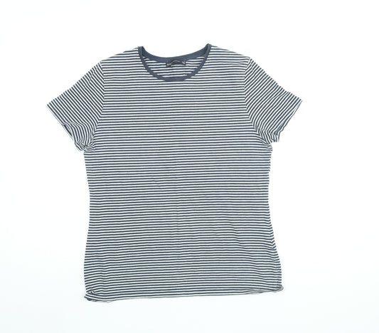 Marks and Spencer Womens Blue Striped Cotton Basic T-Shirt Size 14 Round Neck