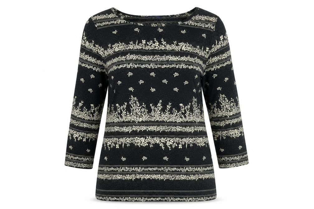 Marks and Spencer Womens Black Floral Viscose Basic T-Shirt Size 14 Round Neck