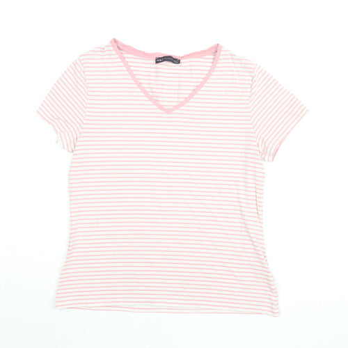 Marks and Spencer Womens White Striped Cotton Basic T-Shirt Size 14 V-Neck