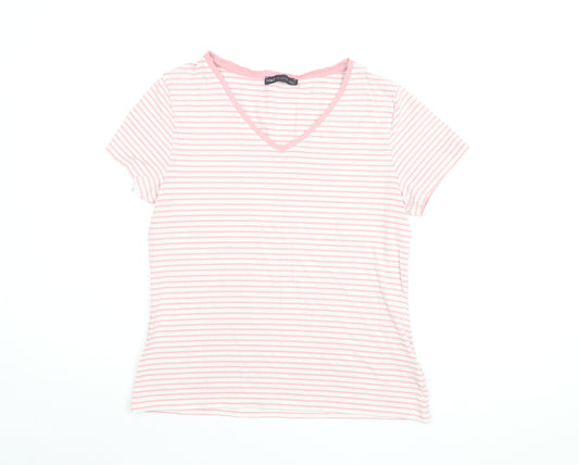 Marks and Spencer Womens White Striped Cotton Basic T-Shirt Size 14 V-Neck