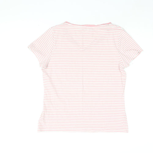 Marks and Spencer Womens White Striped Cotton Basic T-Shirt Size 14 V-Neck