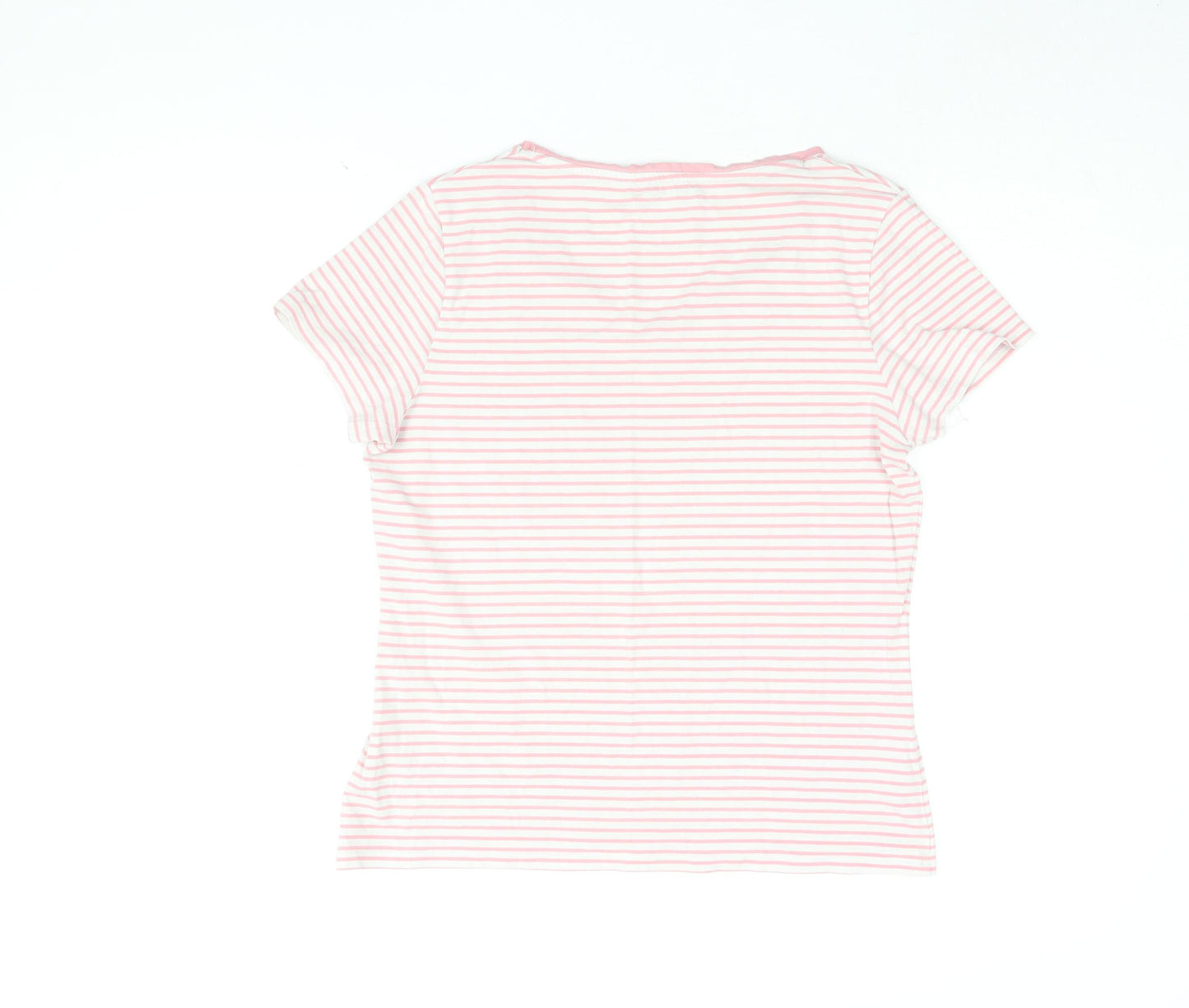 Marks and Spencer Womens White Striped Cotton Basic T-Shirt Size 14 V-Neck