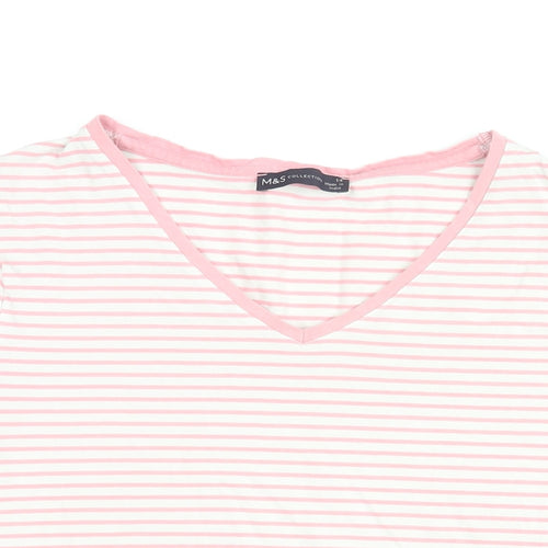 Marks and Spencer Womens White Striped Cotton Basic T-Shirt Size 14 V-Neck