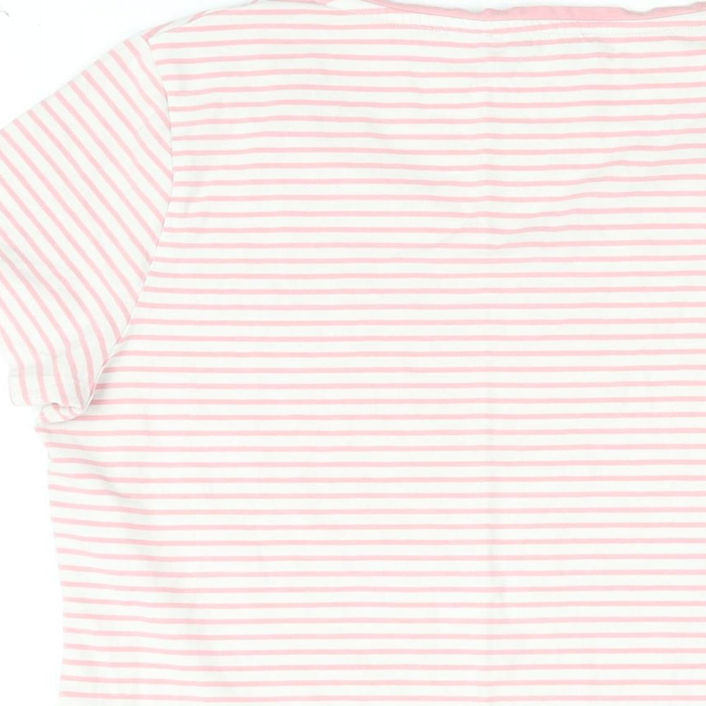 Marks and Spencer Womens White Striped Cotton Basic T-Shirt Size 14 V-Neck