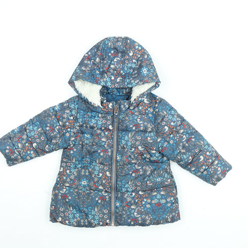 NEXT Girls Blue Floral Puffer Jacket Coat Size 12-18 Months Zip - Bird Print