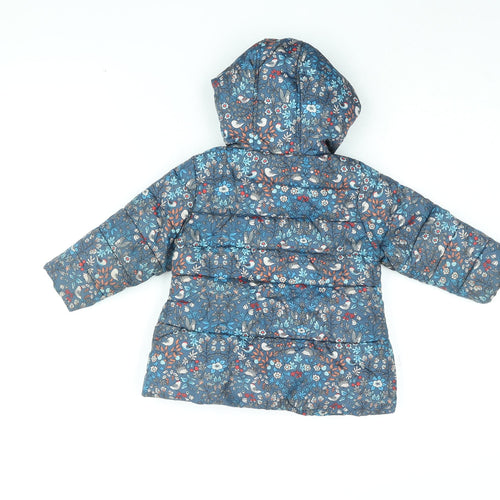 NEXT Girls Blue Floral Puffer Jacket Coat Size 12-18 Months Zip - Bird Print