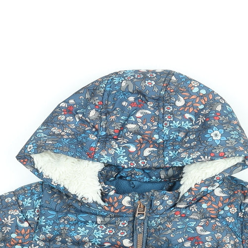 NEXT Girls Blue Floral Puffer Jacket Coat Size 12-18 Months Zip - Bird Print