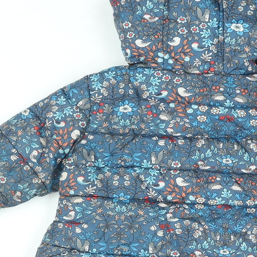 NEXT Girls Blue Floral Puffer Jacket Coat Size 12-18 Months Zip - Bird Print