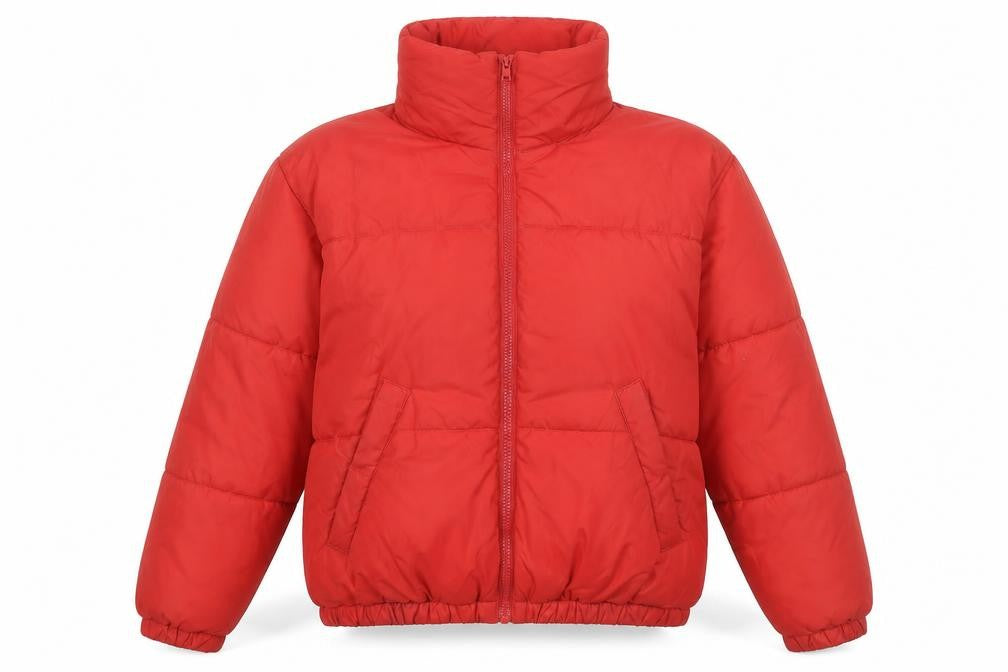 Front view of Weekday women’s red puffer jacket coat, size XS, zip