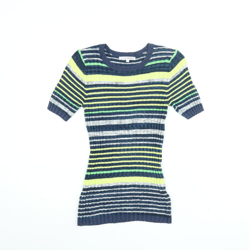 NEXT Womens Blue Striped Viscose Basic T-Shirt Size 8 Round Neck